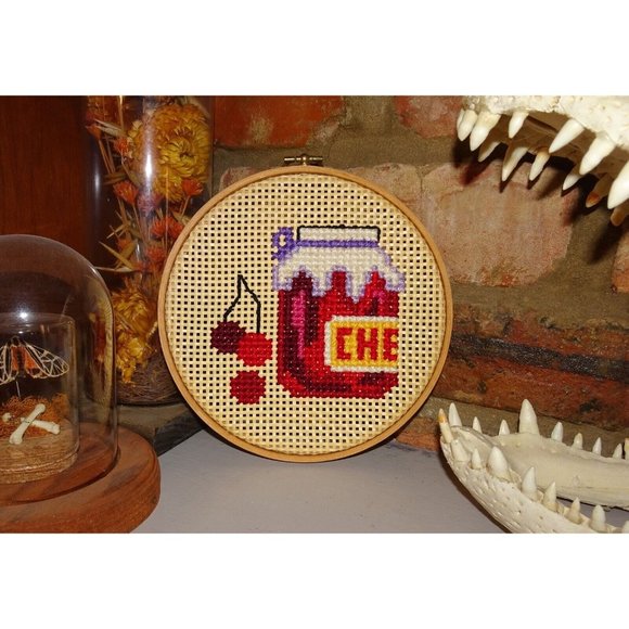 Vintage Needlepoint Hoop Art Cherries on Woven Rattan wood frame farmhouse decor - Picture 5 of 11